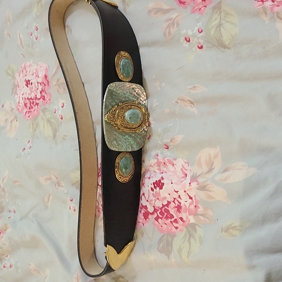Vintage Black Gold and Turquoise Leather Waist belt main image 7
